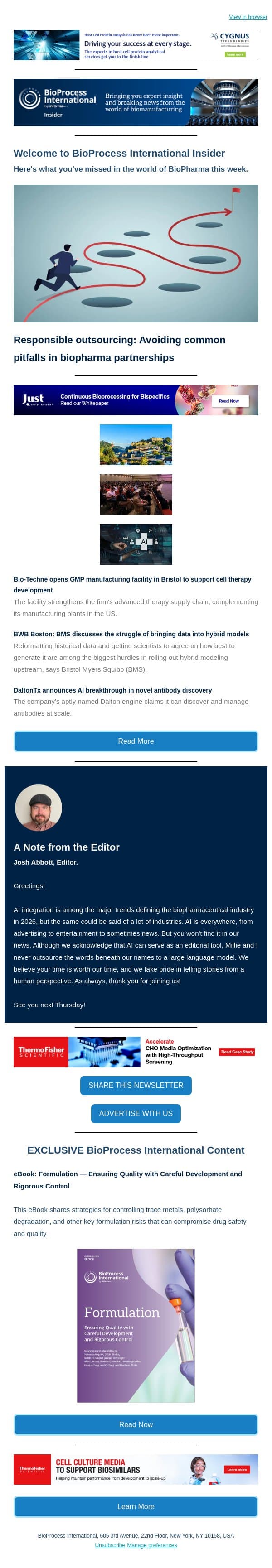 Responsible outsourcing: Avoiding common pitfalls in biopharma partnerships email from BioProcess International screenshot