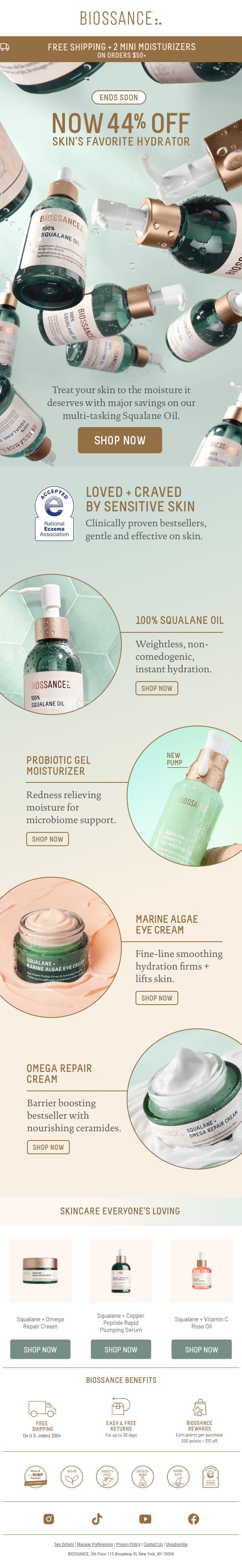 44% off + 2 FREE gifts ends soon❗️ email from Biossance screenshot