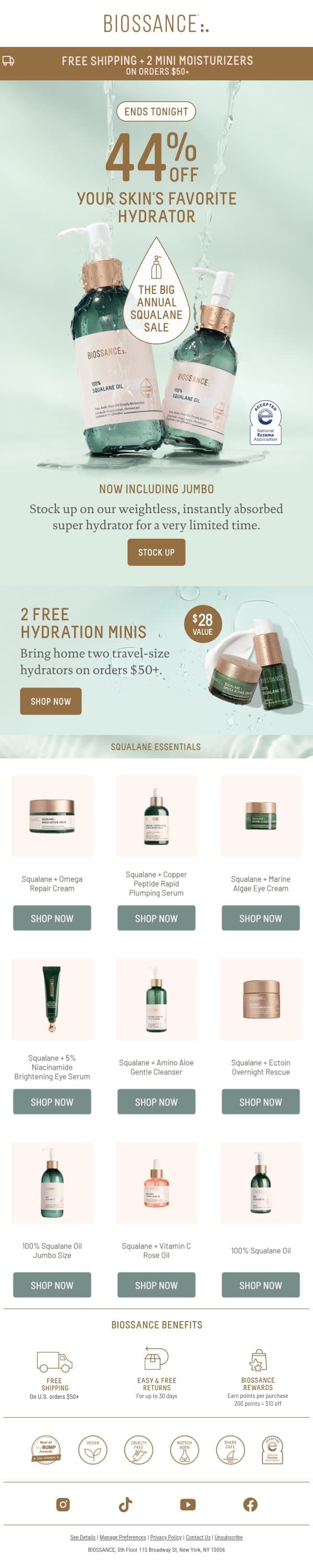 Last call, hydration loversđź’§44% OFF email from Biossance screenshot