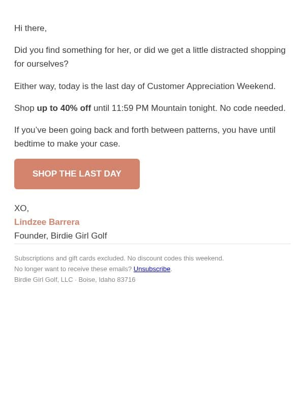 Time's ticking! Shop up to 40% off now! email from Birdie Girl Golf screenshot