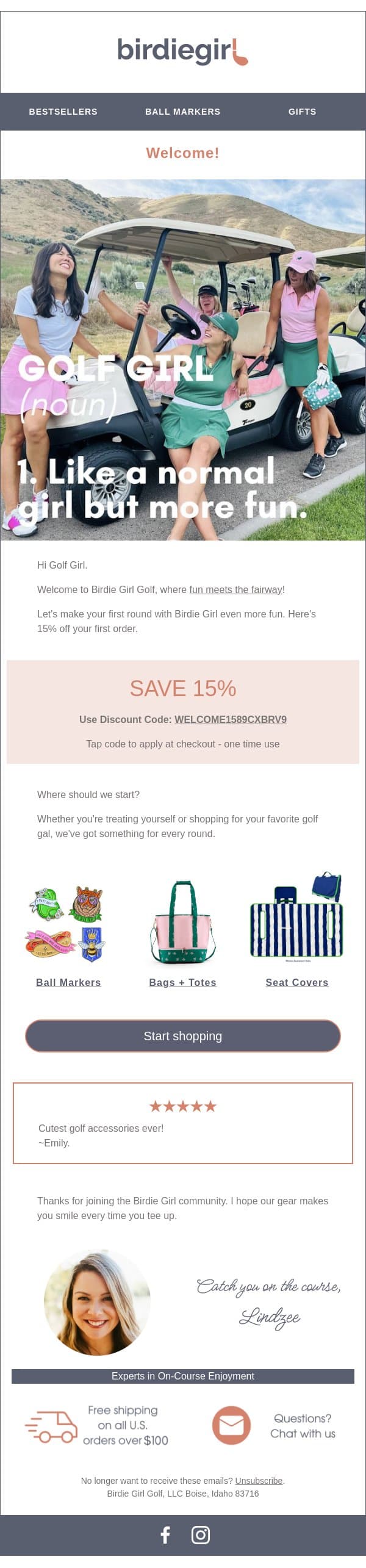 Your 15% discount code is here. email from Birdie Girl Golf screenshot