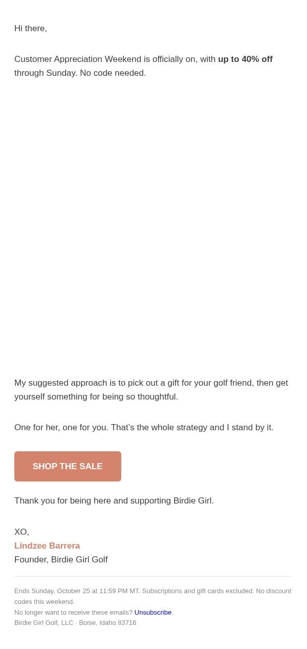 Up to 40% off. You’ve earned it. email from Birdie Girl Golf screenshot