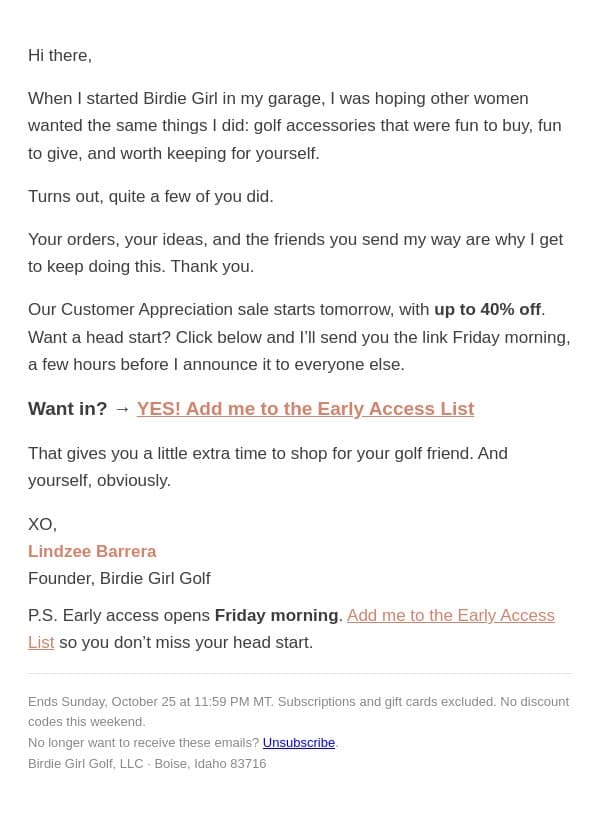 Before I tell everyone else email from Birdie Girl Golf screenshot