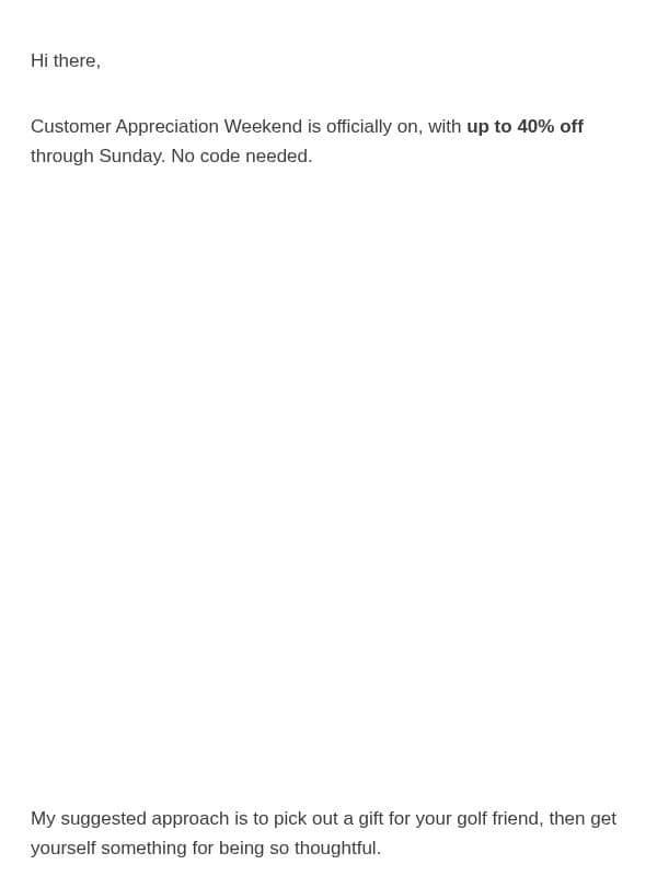 Up to 40% off. You’ve earned it. email from Birdie Girl Golf