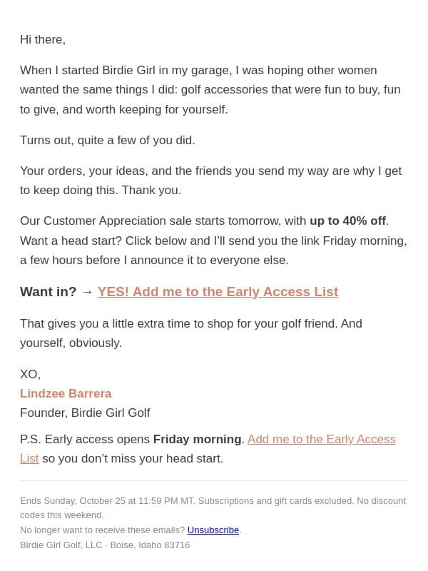 Before I tell everyone else email from Birdie Girl Golf