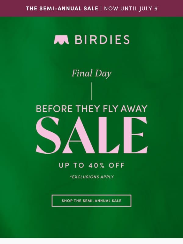 FINAL HOURS to Save Big Before They Fly Away email from Birdies