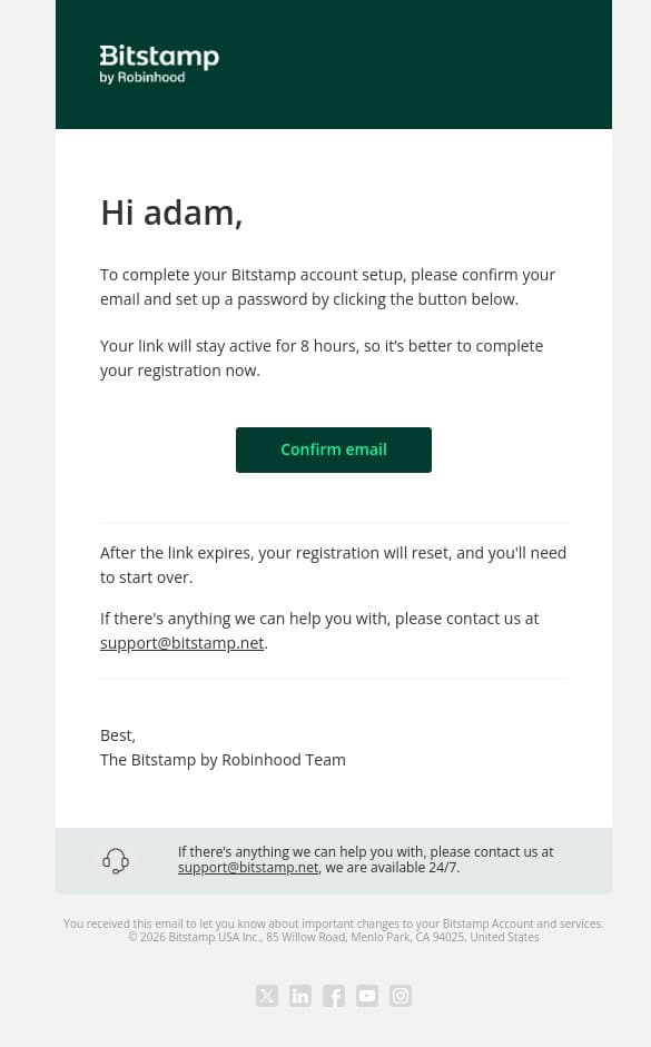 Confirm your email to continue with Bitstamp email from Bitstamp screenshot
