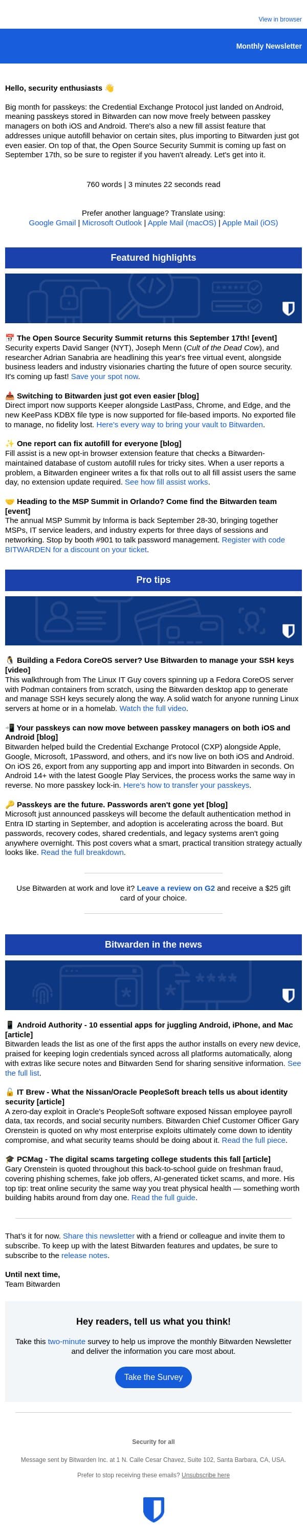Your passkeys can now move freely. Here's how. email from Bitwarden screenshot