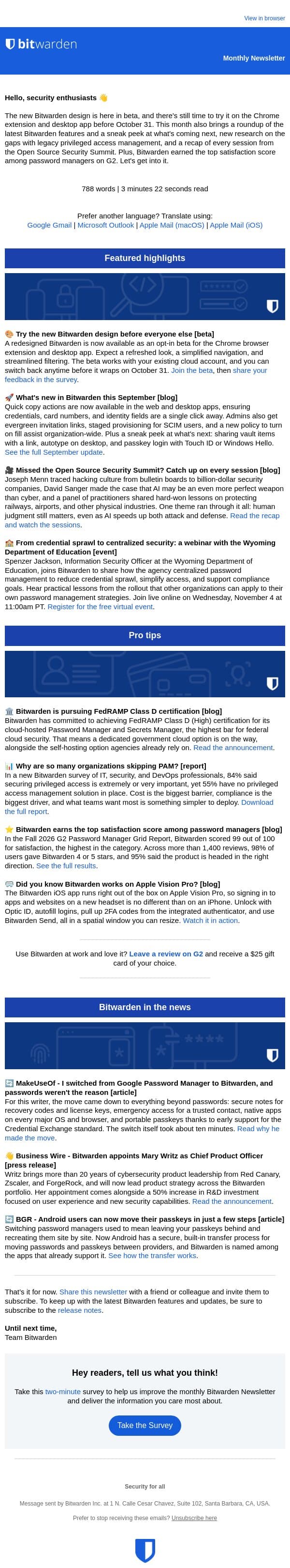 Get an early look at the redesigned Bitwarden. email from Bitwarden screenshot