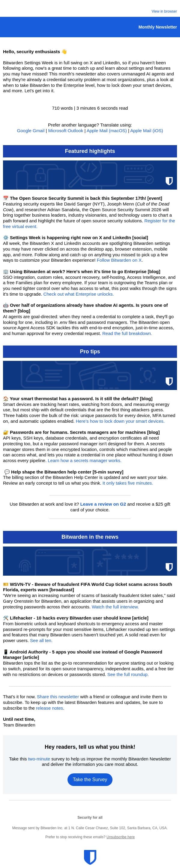 Bitwarden Settings Week is live. Are you following along? email from Bitwarden screenshot
