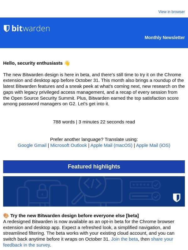 Get an early look at the redesigned Bitwarden. email from Bitwarden