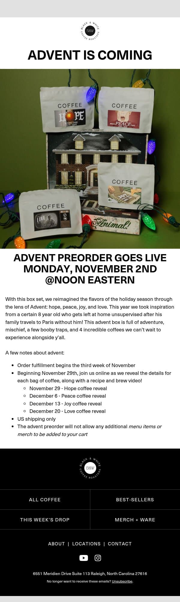 Advent 2026 is Live Monday email from Black & White Coffee Roasters screenshot