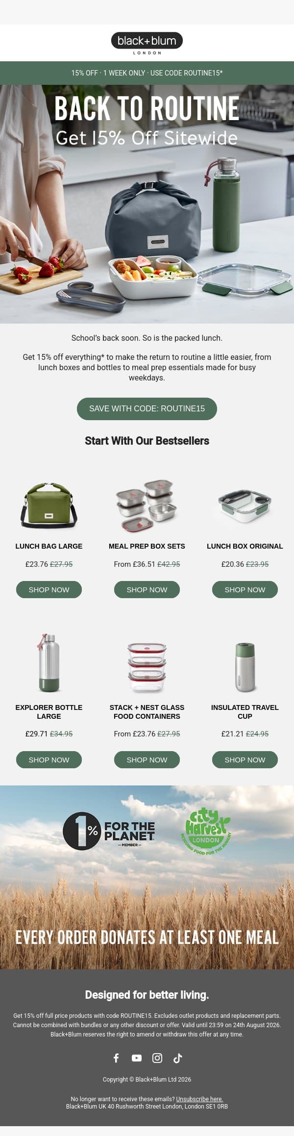 Your 15% Off Starts Now email from Black+Blum screenshot