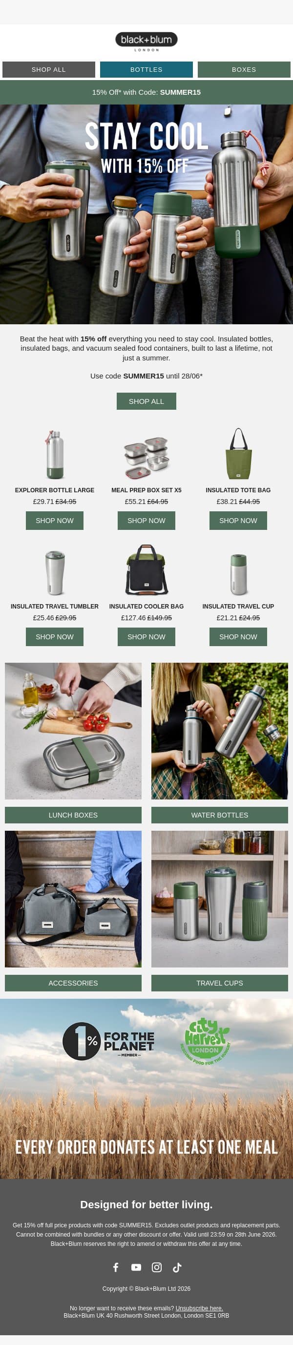 Stay cool with 15% off email from Black+Blum screenshot