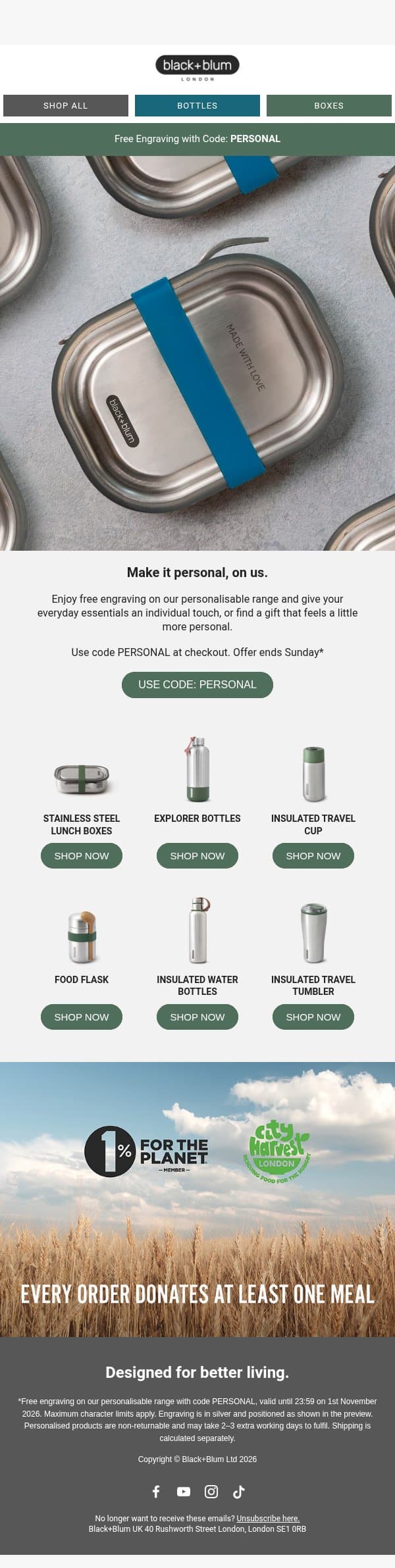 Your last chance for free engraving email from Black+Blum screenshot