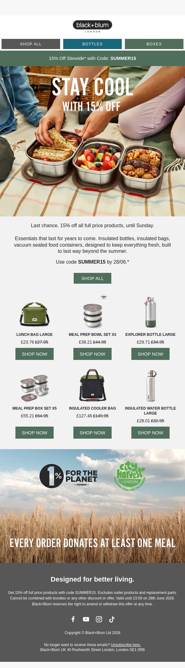 Your 15% off everything ends Sunday email from Black+Blum screenshot