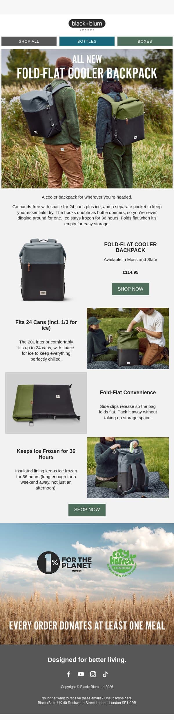 All New: Fold-Flat Cooler Backpack email from Black+Blum screenshot