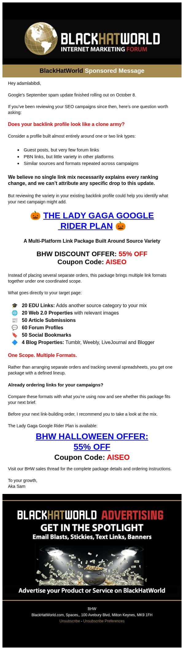 A Halloween Link-Building Offer: 55% Off One Coordinated Package email from BlackHatWorld screenshot