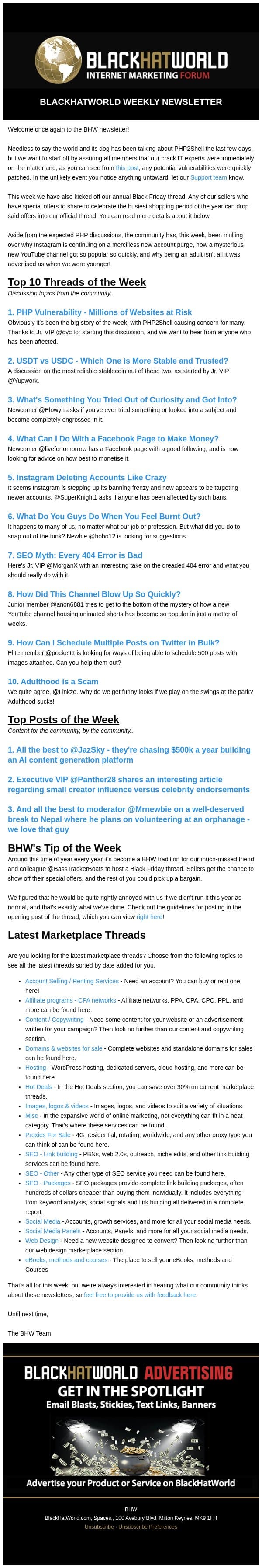 BHW Newsletter 25 October 2026 email from BlackHatWorld screenshot