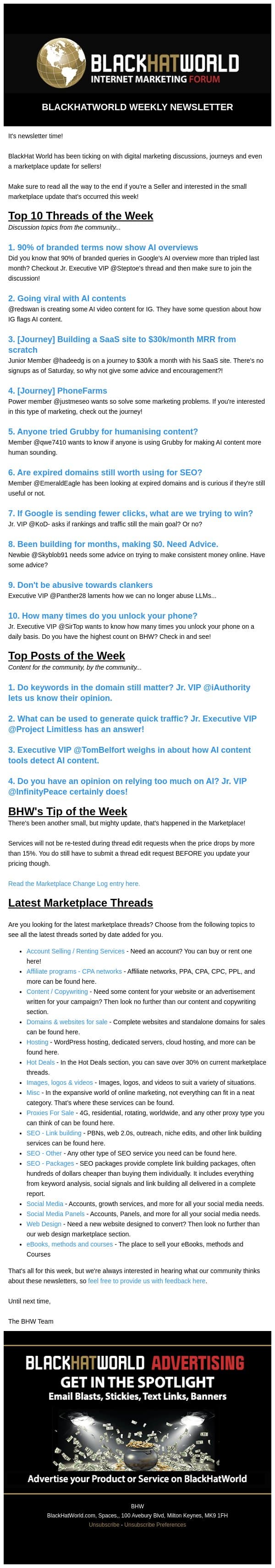 BHW Newsletter 11 October 2026 email from BlackHatWorld screenshot