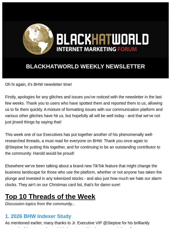 BHW Newsletter 18 October 2026 email from BlackHatWorld