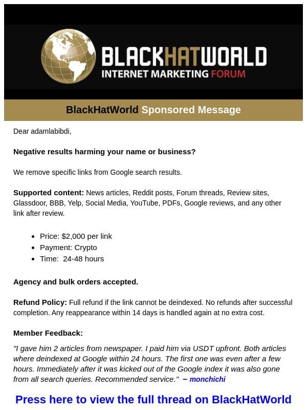 Negative results harming your name or business? email from BlackHatWorld