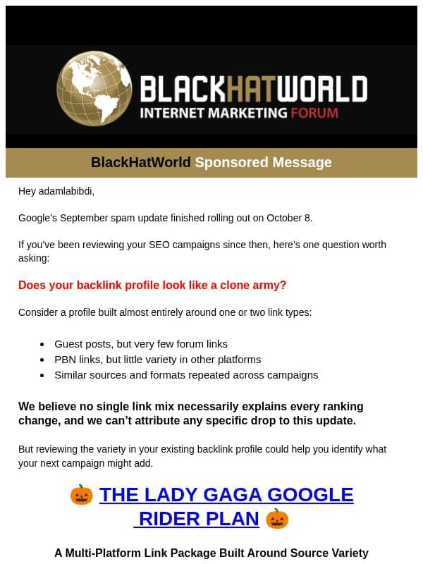 A Halloween Link-Building Offer: 55% Off One Coordinated Package email from BlackHatWorld
