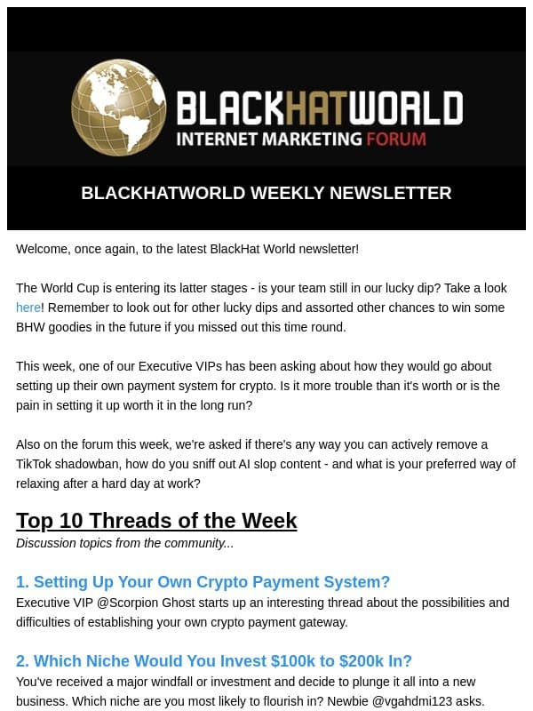 BHW Newsletter 12 July 2026 email from BlackHatWorld