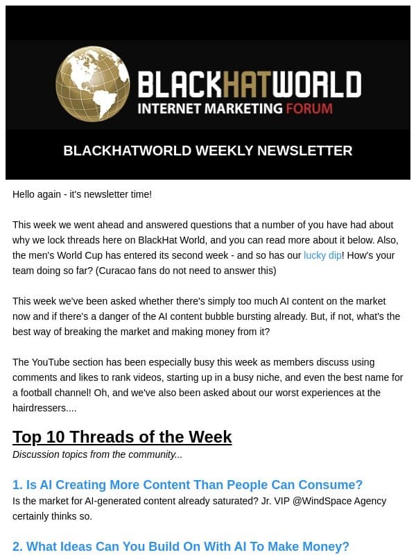 BHW Newsletter 21 June 2026 email from BlackHatWorld