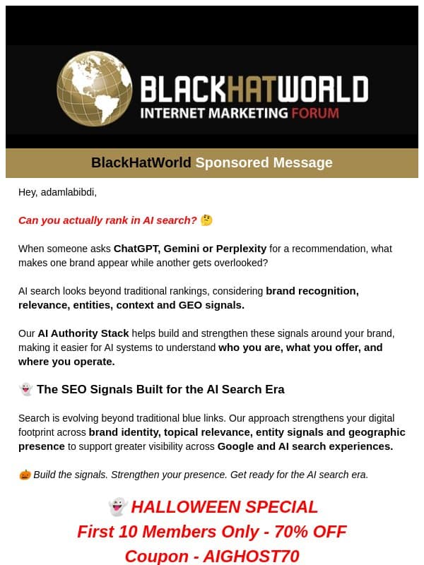 👻 Halloween Offer: 70% OFF GEO + AI Search | AIGHOST70 email from BlackHatWorld