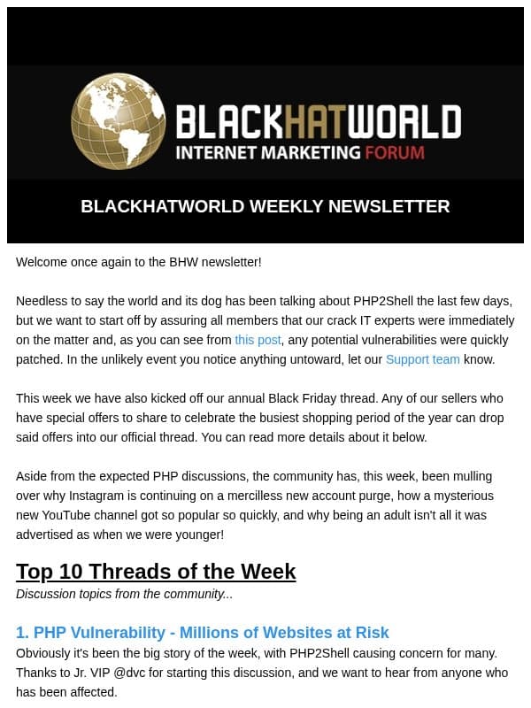 BHW Newsletter 25 October 2026 email from BlackHatWorld