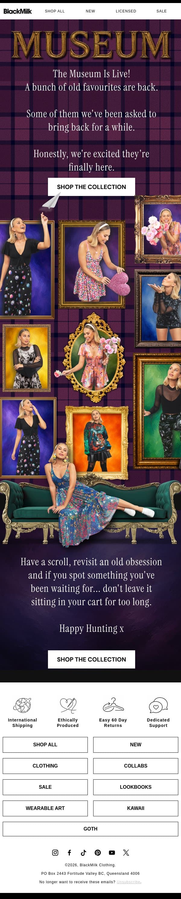 LIVE NOW | Museum email from BlackMilk Clothing screenshot