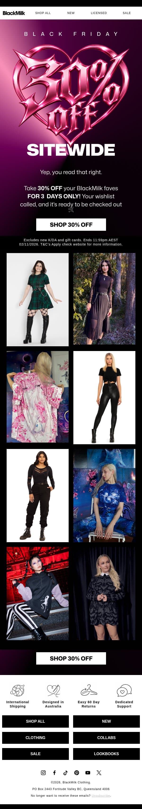 30% OFF SITEWIDE?!* IT'S ON! email from BlackMilk Clothing screenshot