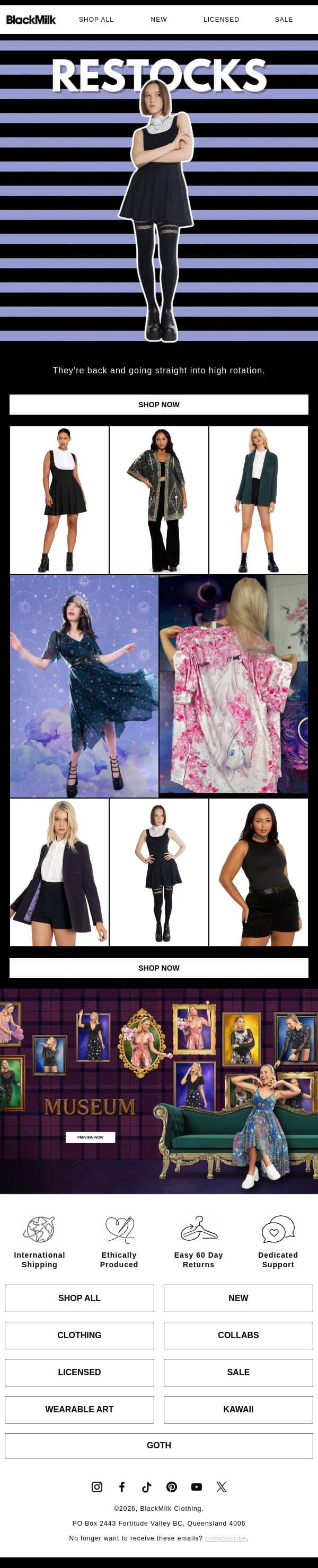 Good news: they're back! π email from BlackMilk Clothing screenshot