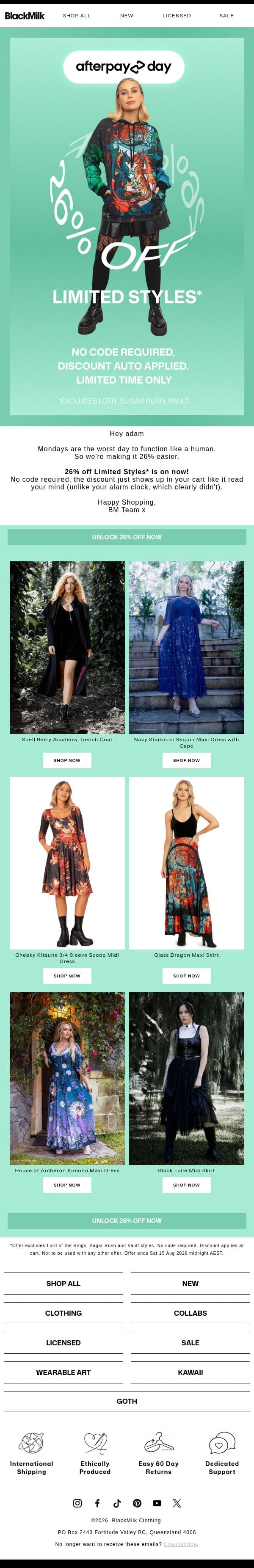 26% off Limited Collection* On Now! email from BlackMilk Clothing screenshot