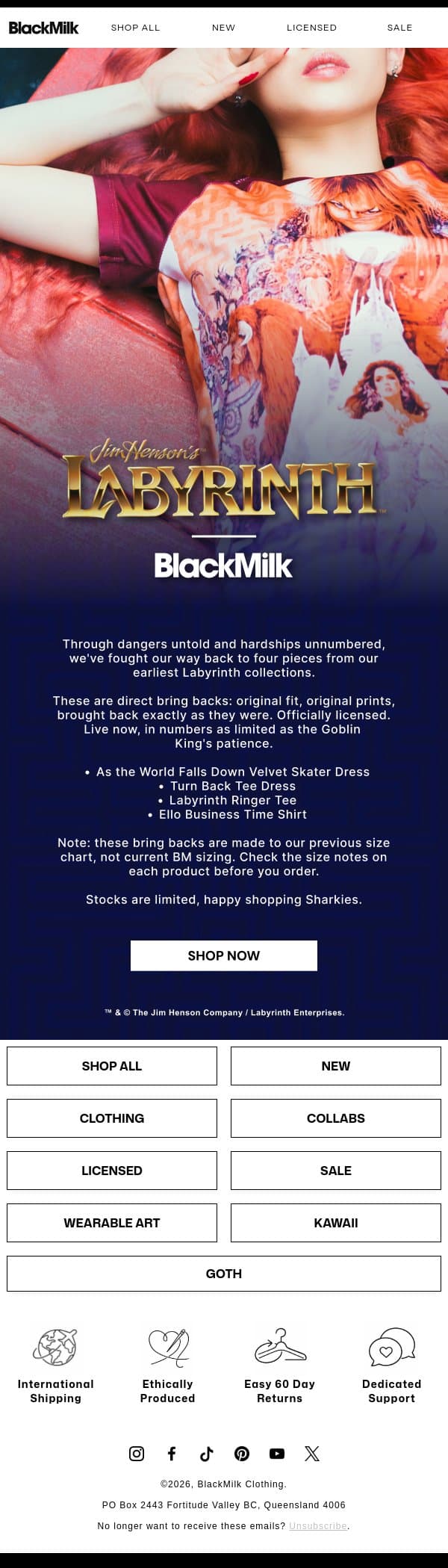 The Labyrinth has opened. Again. email from BlackMilk Clothing screenshot