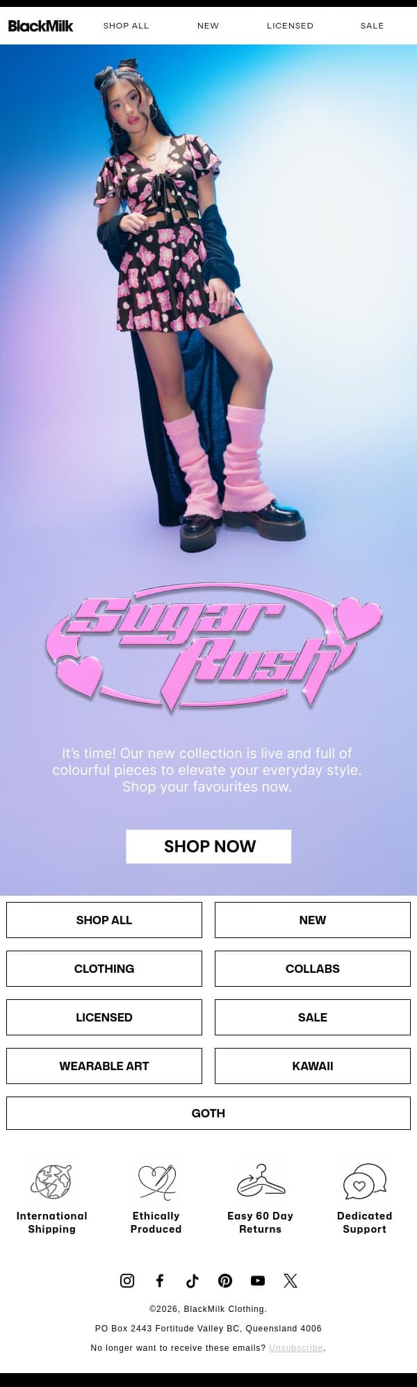 LIVE NOW | Sugar Rush email from BlackMilk Clothing screenshot