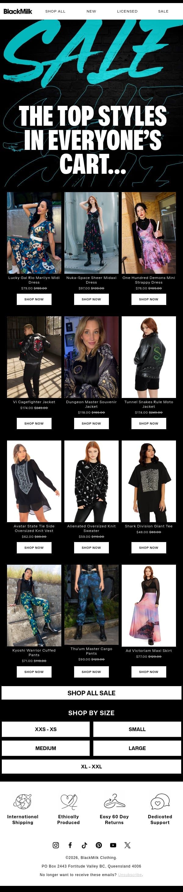 Top styles in everyone's cart... email from BlackMilk Clothing screenshot