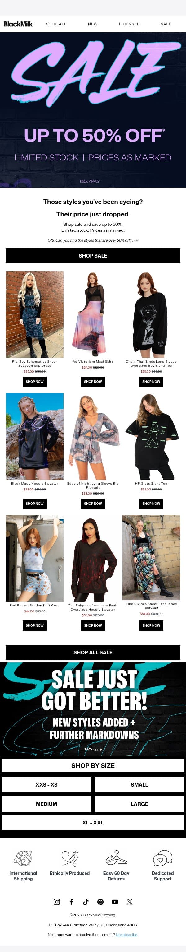 Sale just got BIGGER! email from BlackMilk Clothing screenshot