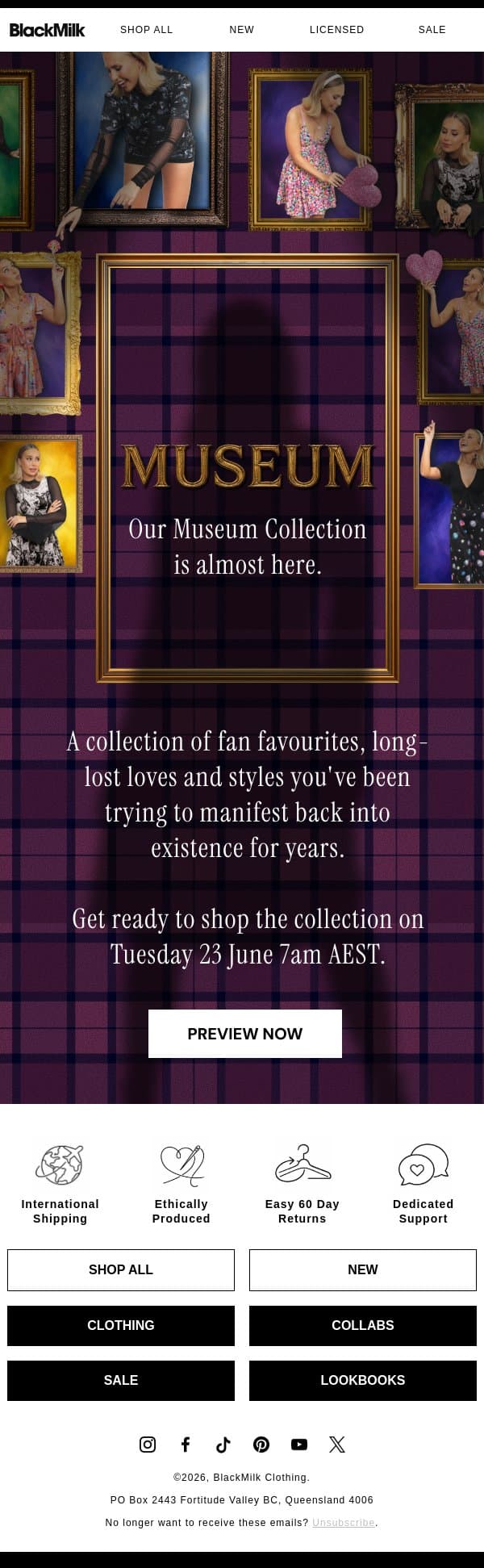 PREVIEW NOW | Museum email from BlackMilk Clothing screenshot