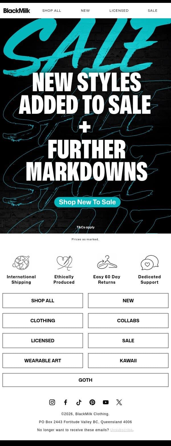 End of Season Sale Is Now Live! email from BlackMilk Clothing screenshot