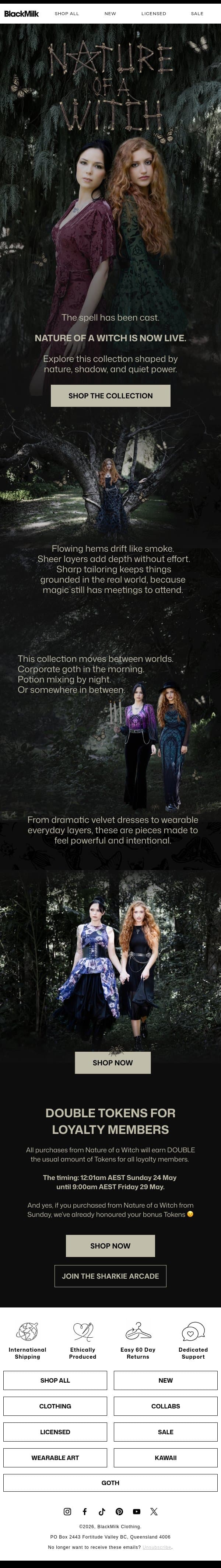 LIVE NOW | Nature of a Witch email from BlackMilk Clothing screenshot