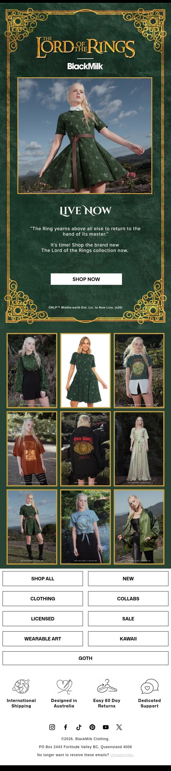 The Lord of the Rings Collection Is Live ๐๐ฟ email from BlackMilk Clothing screenshot