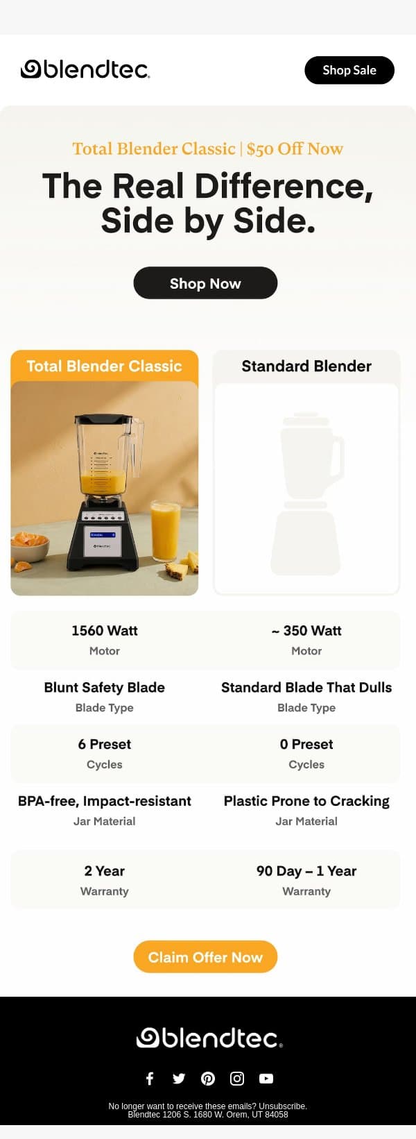 Built to Outperform. Now $50 Less. email from Blendtec screenshot