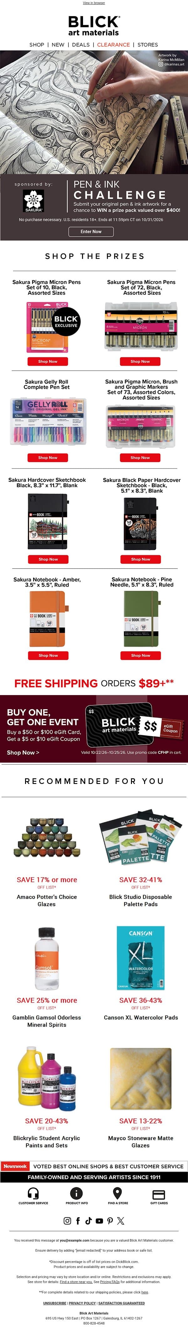Enter to WIN: Pen & Ink Challenge email from Blick Art Materials screenshot