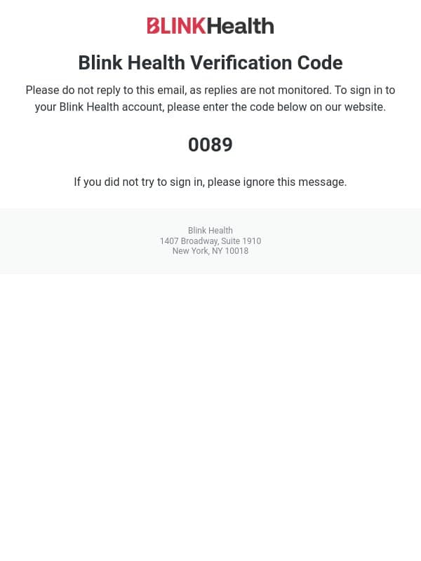Blink Health Verification Code - Do Not Reply email from Blink Health screenshot
