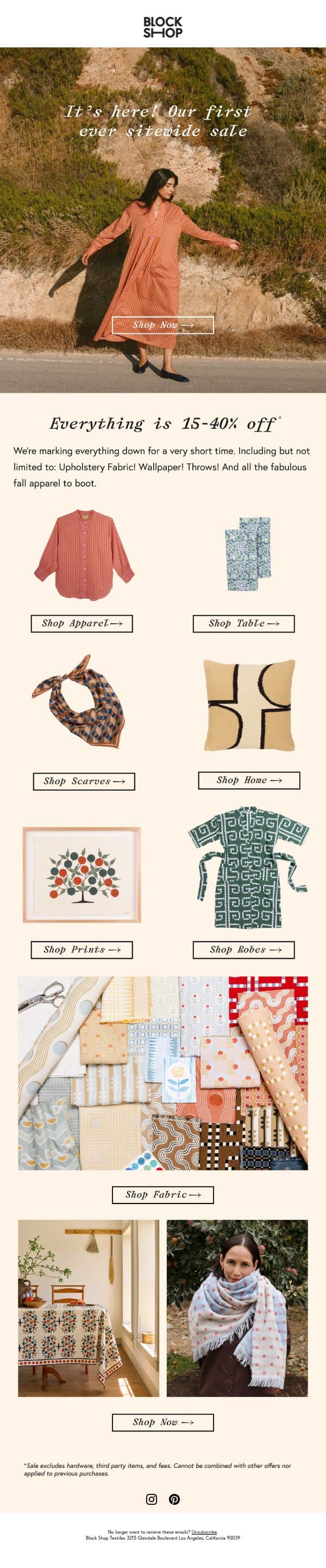 Sitewide sale starts NOW email from Block Shop Textiles screenshot
