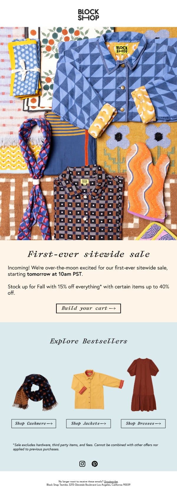 Our first-EVER sitewide sale starts tomorrow email from Block Shop Textiles screenshot