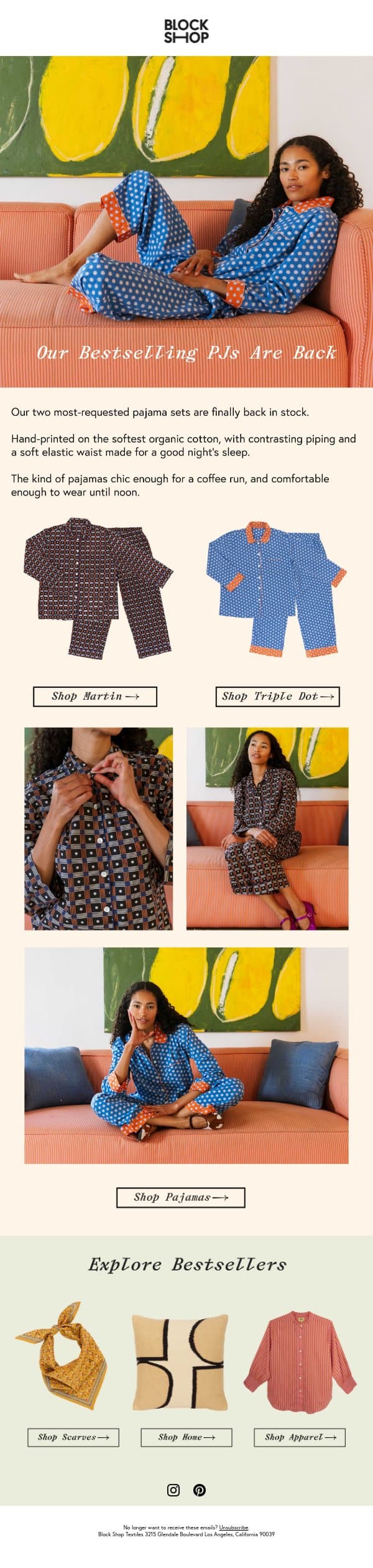 Our bestselling PJs just restocked email from Block Shop Textiles screenshot