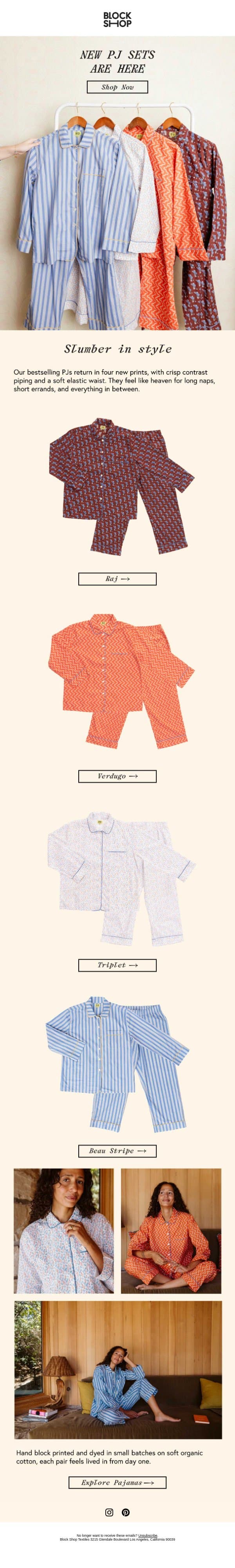 New PJ sets just landed email from Block Shop Textiles screenshot